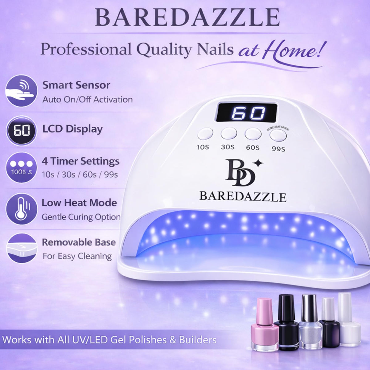 BAREDAZZLE 120W lamp LCD display shows real-time countdown for precise timing.