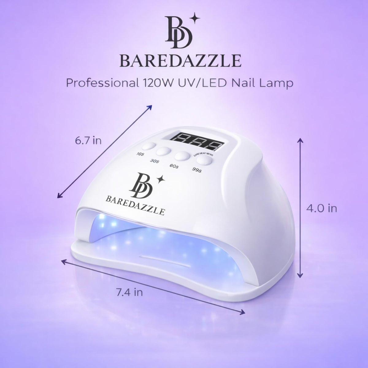 BAREDAZZLE 120W lamp removable base simplifies pedicure and cleaning.