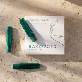 Barefaced dual-action blades remove peach fuzz and dead skin in one step.