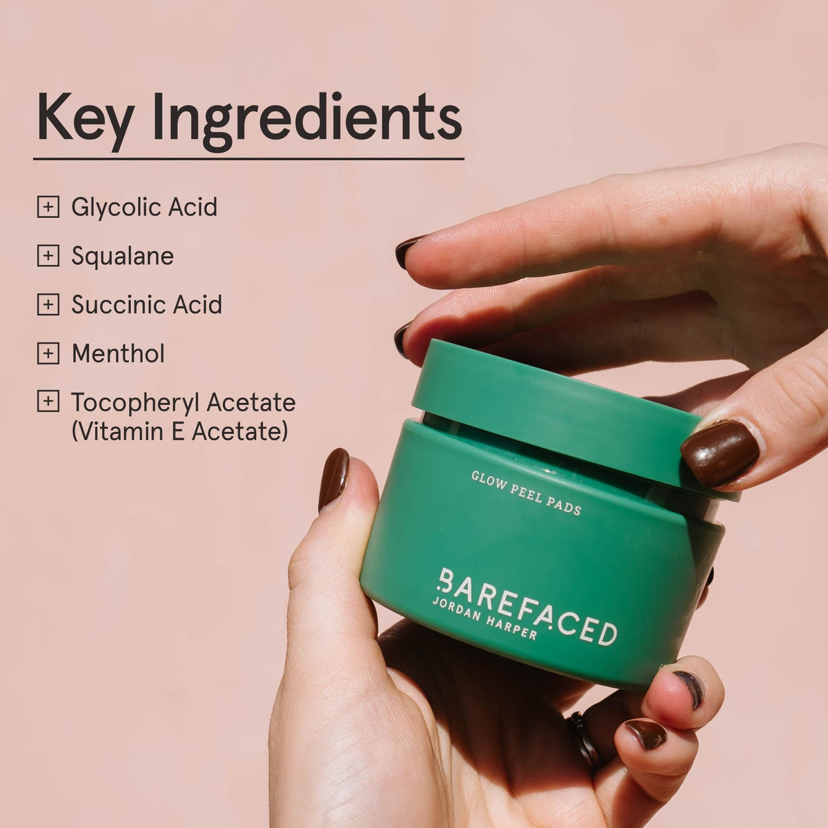 Barefaced Glow Peel Pad ingredients list emphasizes glycolic acid.