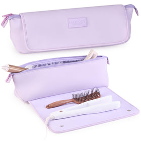 Barefoot Caribou Lilac travel bag holds flat irons and styling tools for organized travel.