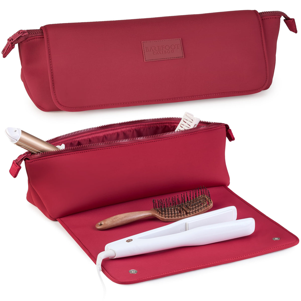 Barefoot Caribou travel bag in burgundy showing organized tool storage for on-the-go styling