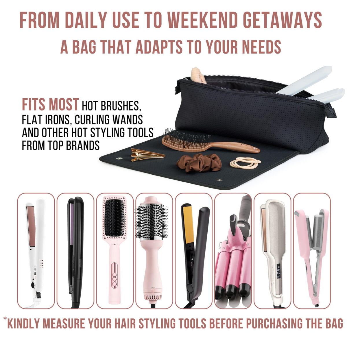Barefoot Caribou fits flat irons, curling irons, wands, and accessories.