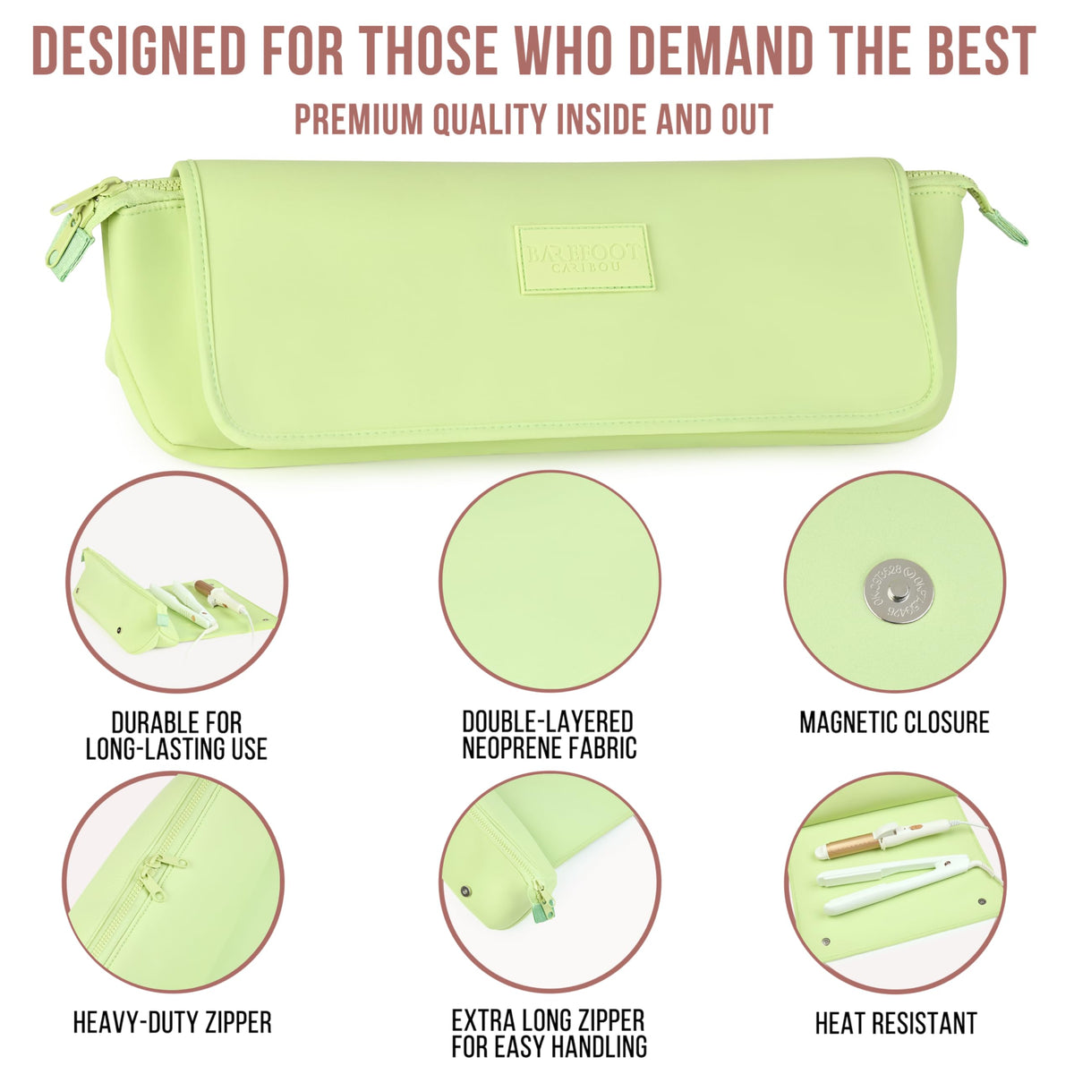 Durable neoprene exterior of Barefoot Caribou travel bag.