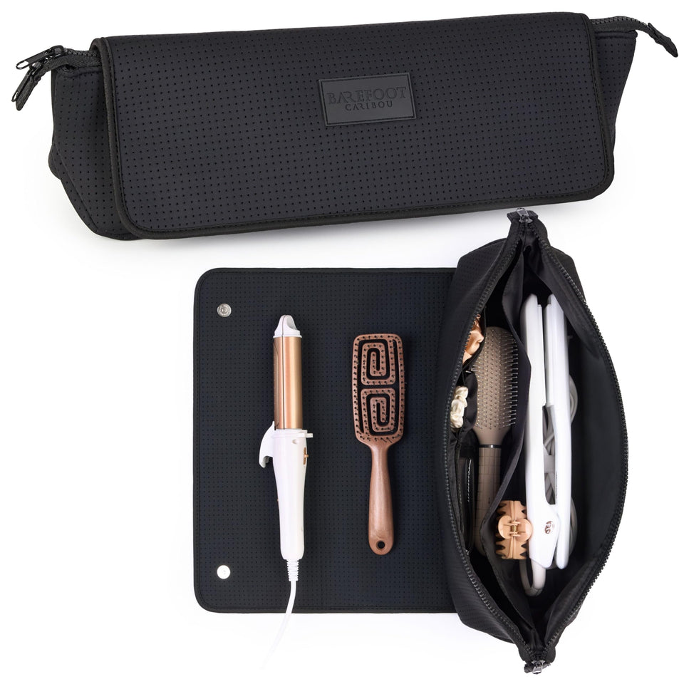 Barefoot Caribou travel bag interior pockets keep styling tools organized on the go.