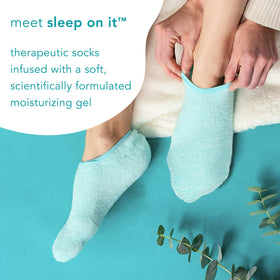 Barefoot Scientist Sleep On It teal socks worn for unisex nightly care