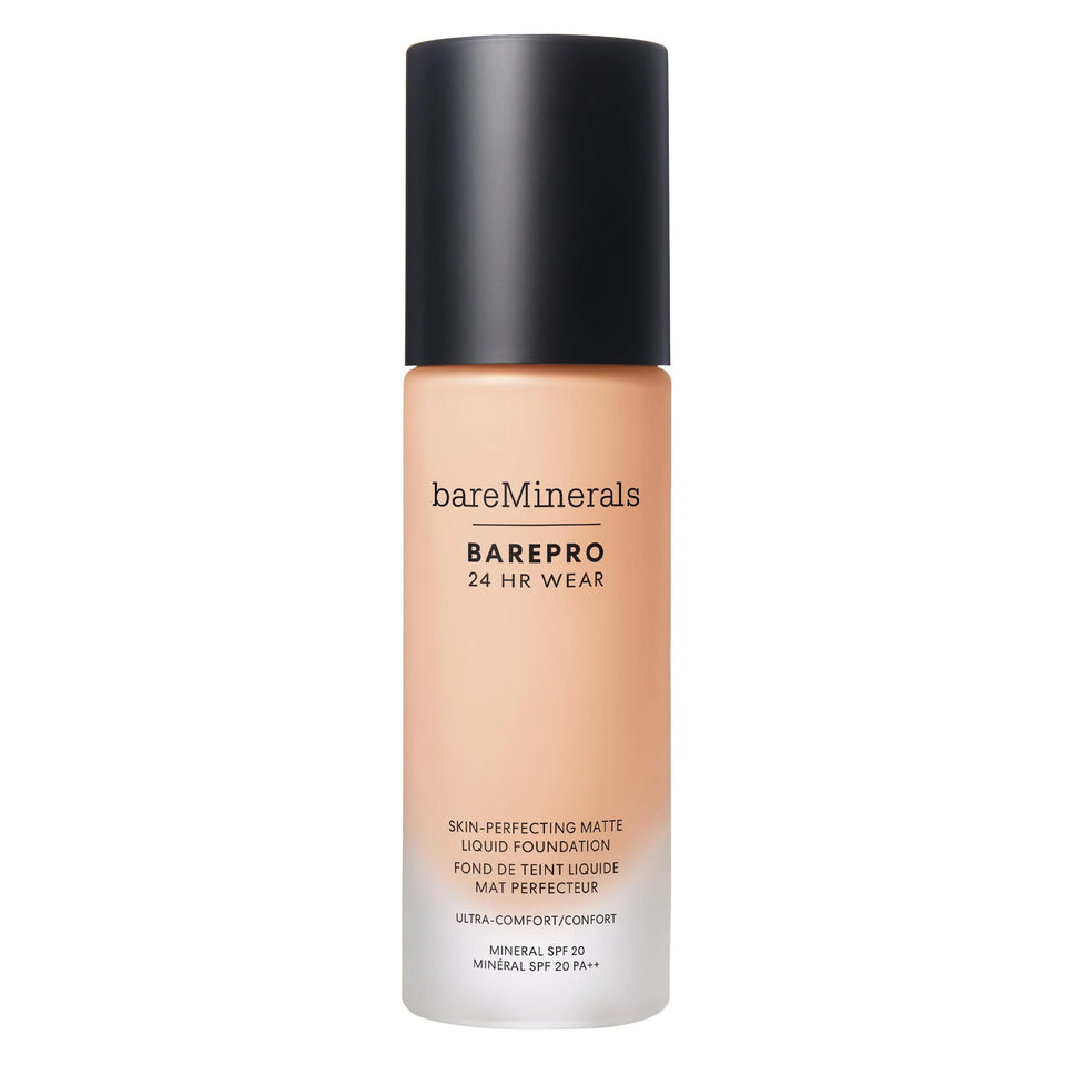 bareminerals Barepro 24HR foundation bottle closeup showcases long-wear matte finish