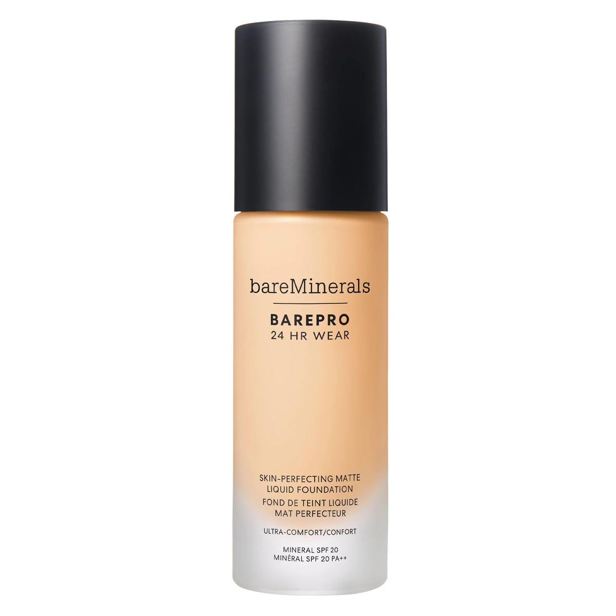 Bareminerals Barepro 24HR Wear Matte Finish bottle close-up for all-day matte coverage.