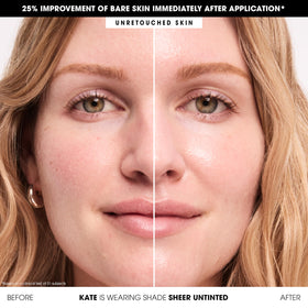 bareMinerals Bareskin Daily Dewy Sunscreen dispense shows smooth application with non-greasy finish.