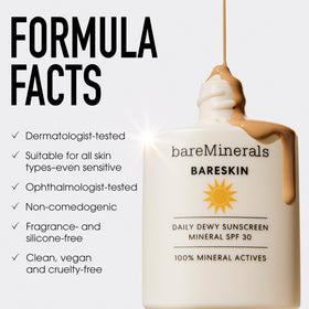 bareMinerals Bareskin Daily Dewy Sunscreen lifestyle shot shows natural under makeup wear.