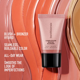 bareMinerals Complexion Rescue Liquid Blonzer glow on skin mimicking sun-kissed radiance.