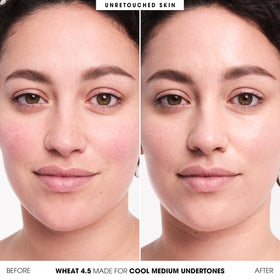 bareMinerals Complexion Rescue Stick Wheat 4.5 swatch demonstrates buildable luminosity on skin.