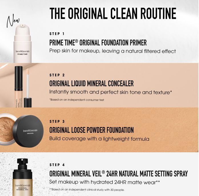 Vegan, cruelty-free, dermatologist-tested badges on BareMinerals display