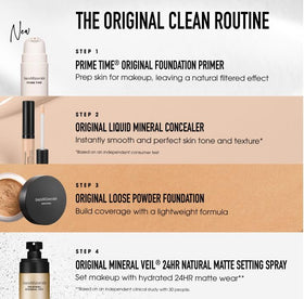 Vegan, cruelty-free, dermatologist-tested badges on BareMinerals display