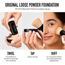 BareMinerals lifestyle shot showing natural-use makeup in soft light.