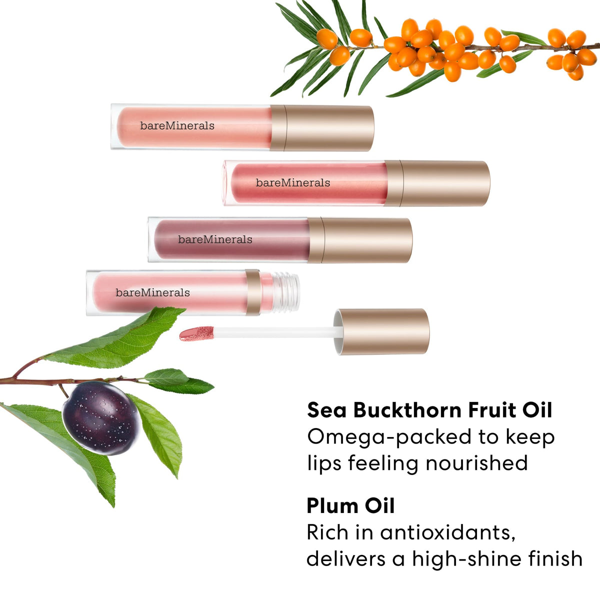 bareMinerals Mineralist Lip Gloss-Balm Zen on lips for instant hydration and softness.