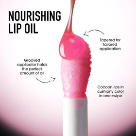 bareMinerals Nourishing Lip Oil non-sticky glossy finish on lips.