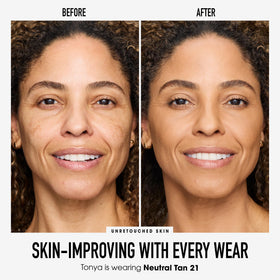 BareMinerals swatch on skin showing buildable coverage and natural luminosity.