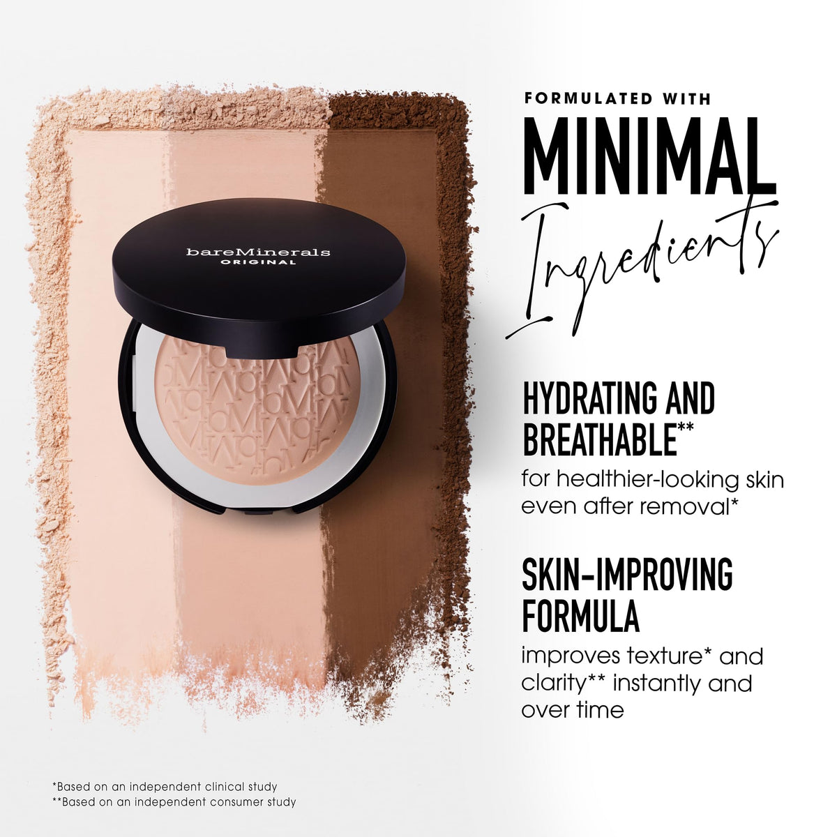 bareMinerals Original Pressed Powder resists humidity for long wear and crease-free look.
