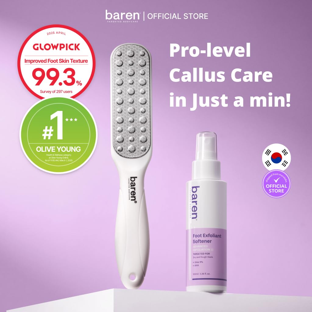 Baren callus remover spray applied on dry feet for gentle skin removal.