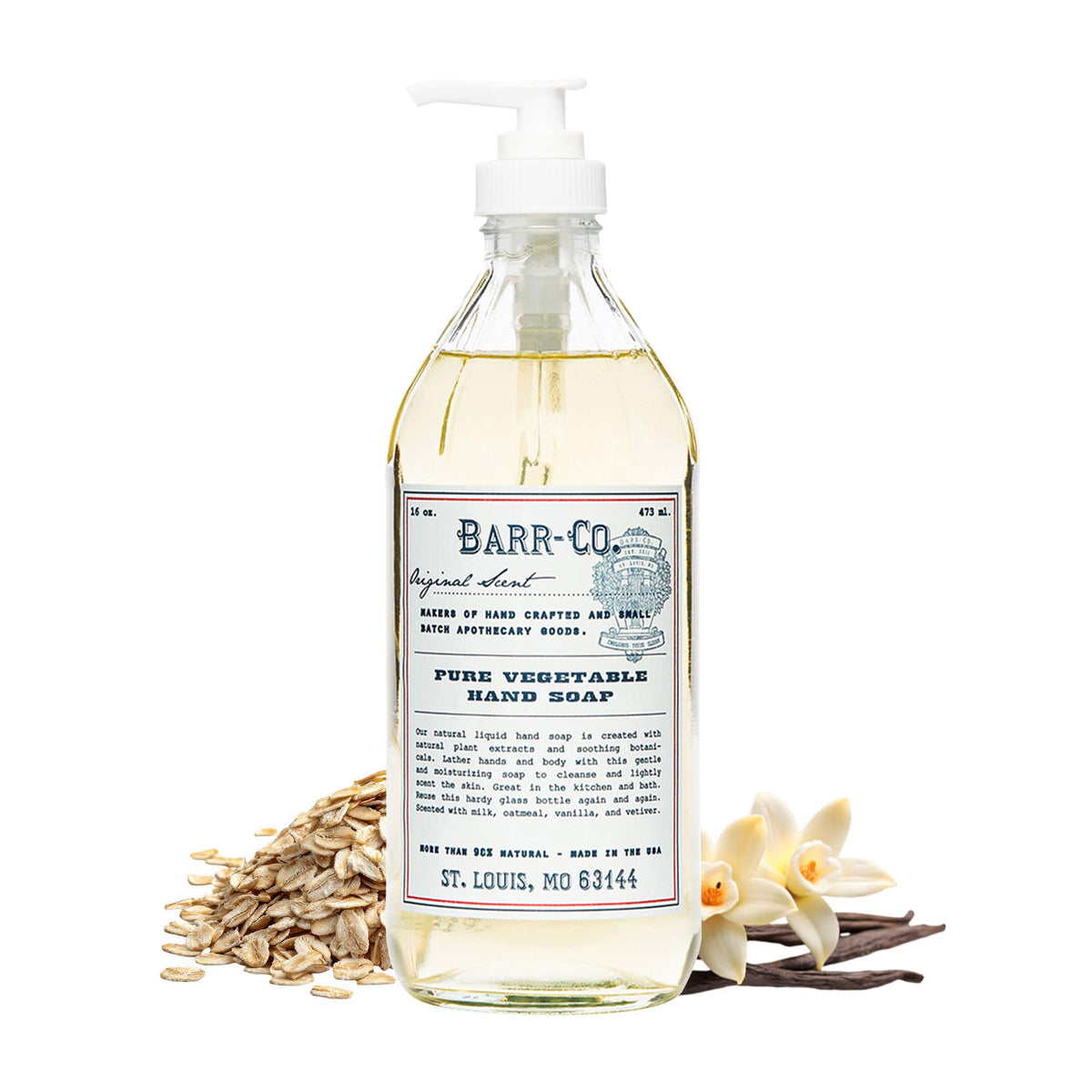 BARR-CO Hand Soap bottle pouring, emphasizing smooth, moisturizing cleansing.