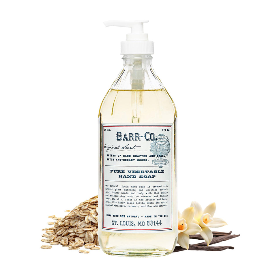 BARR-CO Hand Soap bottle pouring, emphasizing smooth, moisturizing cleansing.