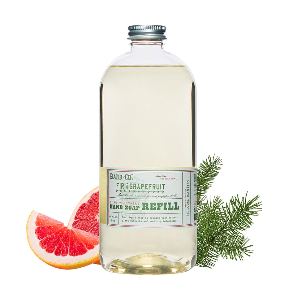 BARR-CO hand soap refill bottle pouring for easy kitchen refills with citrus balsam scent