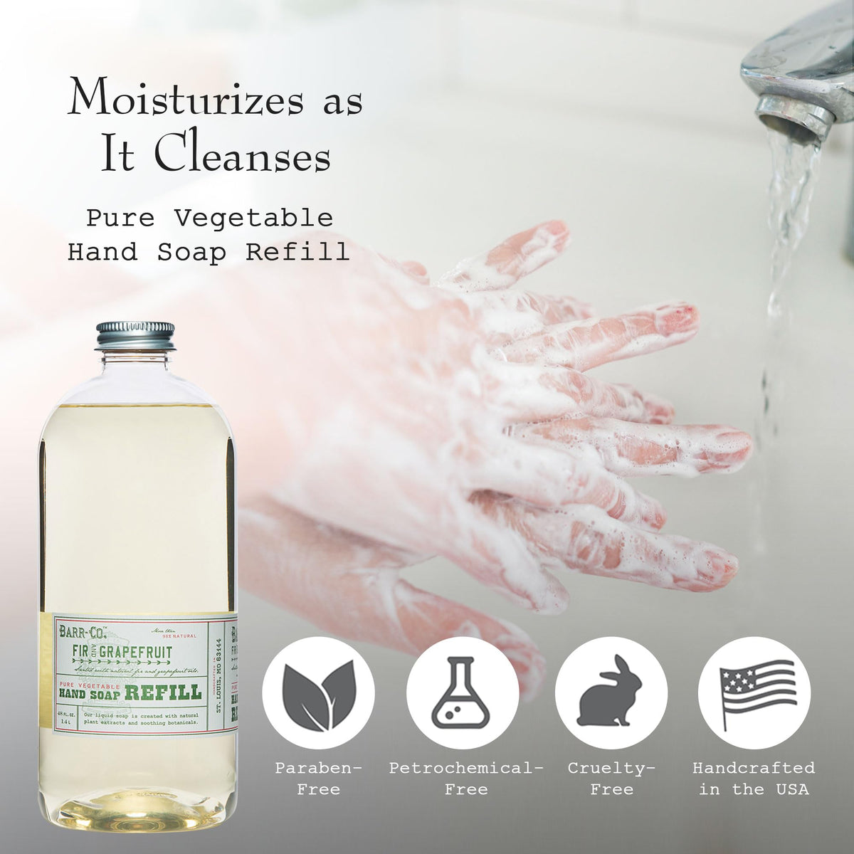 BARR-CO refill label close-up highlighting vegan, plant-based ingredients