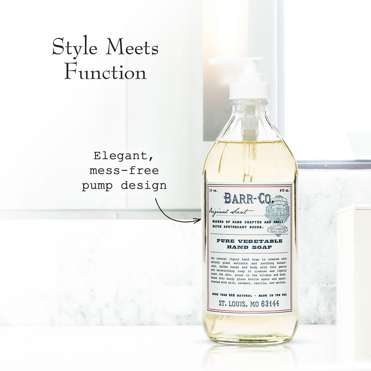 BARR-CO Hand Soap on sink setup suggests easy, quick hand care.