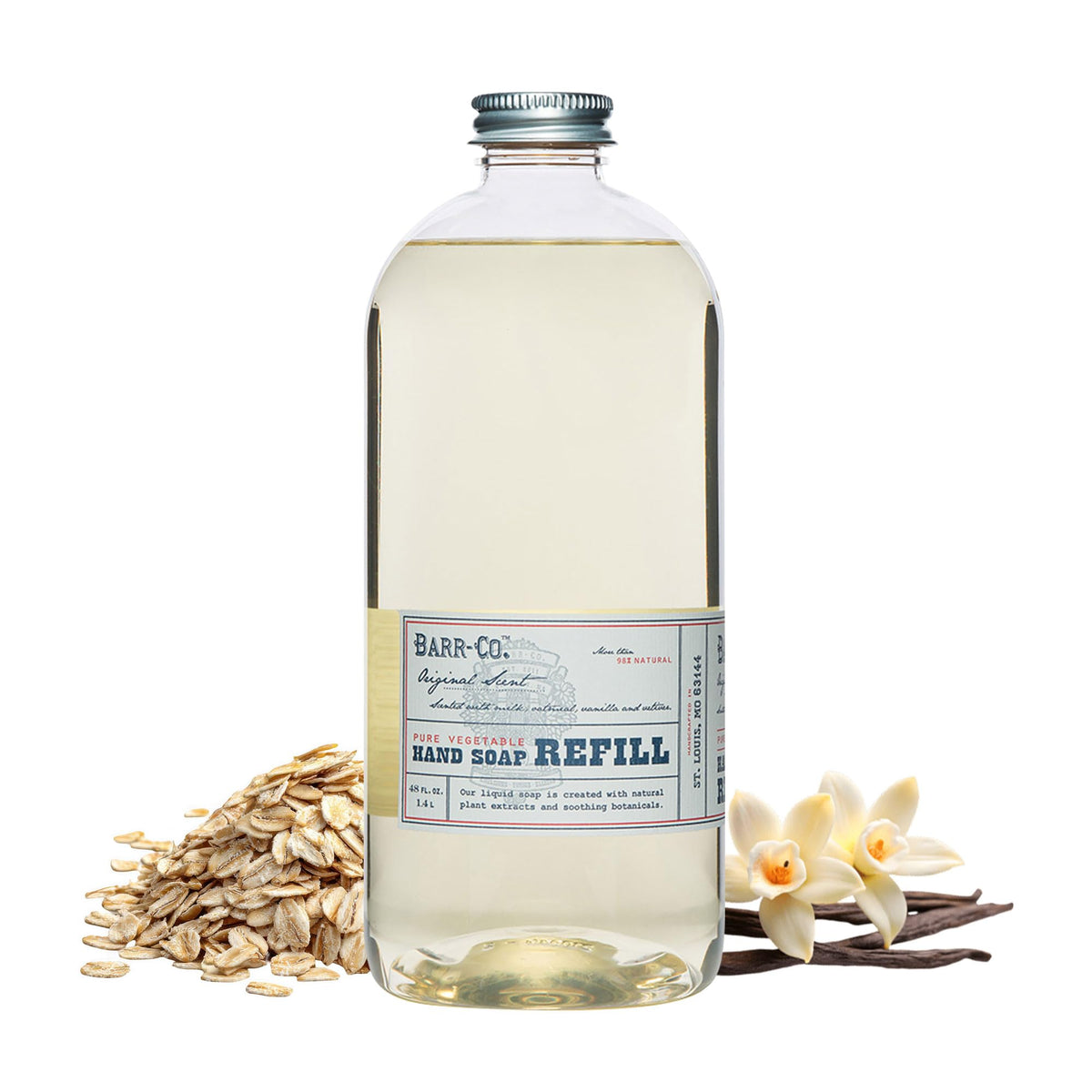 BARR-CO liquid soap refill bottle featuring oat-vanilla-vetiver aroma for a soothing wash.