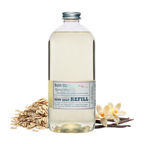 BARR-CO liquid soap refill bottle featuring oat-vanilla-vetiver aroma for a soothing wash.