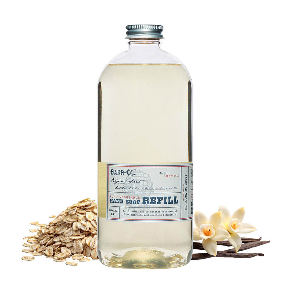 BARR-CO liquid soap refill bottle featuring oat-vanilla-vetiver aroma for a soothing wash.