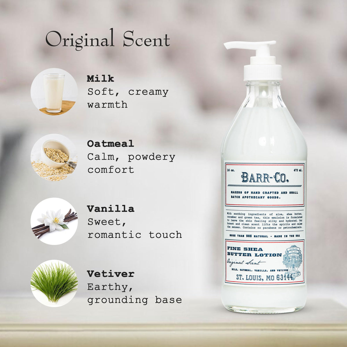 BARR-CO oat vanilla vetiver fragrance note captures calming spa-like aroma.