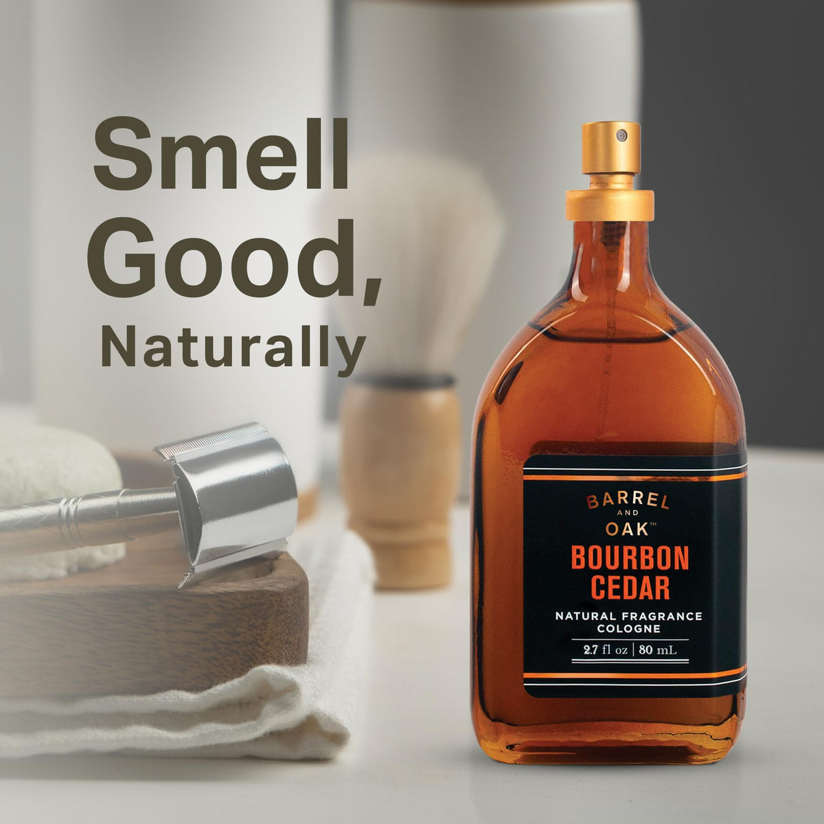 Barrel and Oak Bourbon Cedar spray mist highlights subtle projection for day-to-night use.