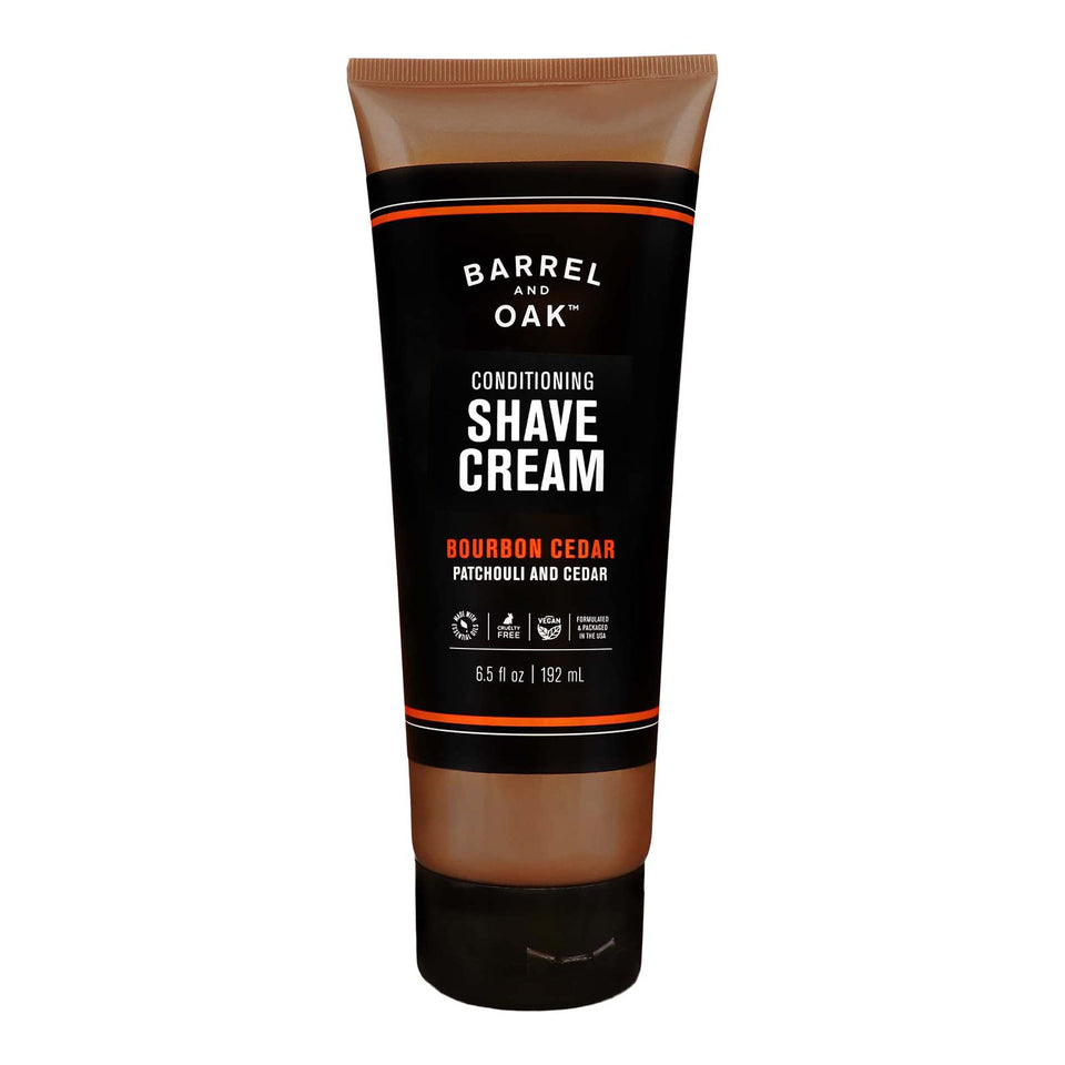 Barrel & Oak Conditioning Shave Cream bottle with Bourbon Cedar scent for a smooth shave