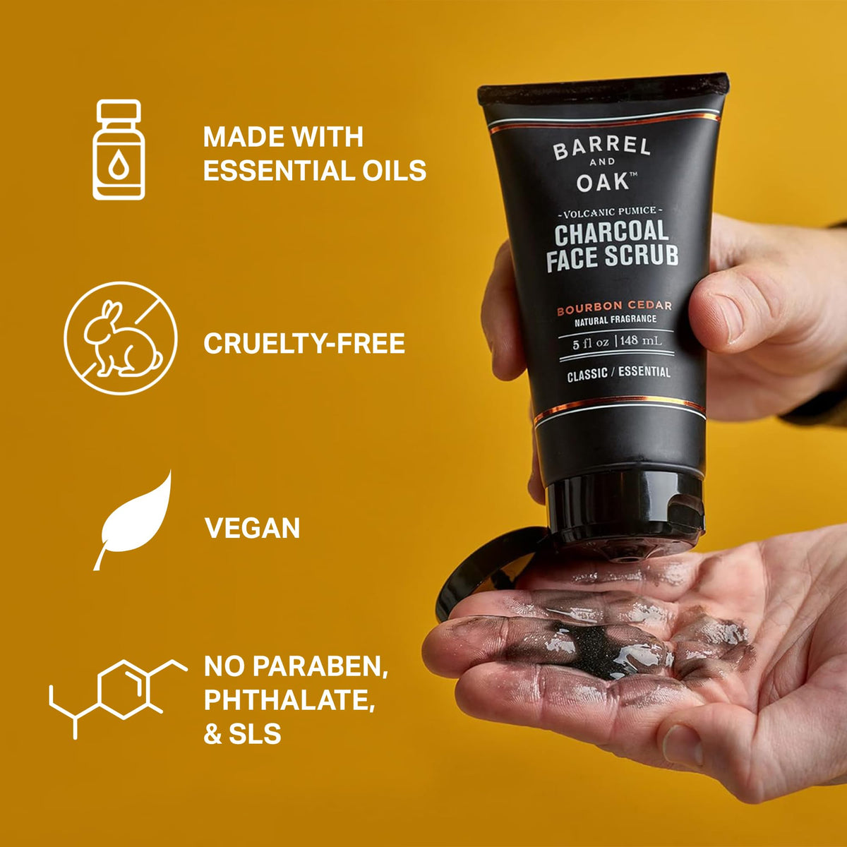 Barrel & Oak daily-use face scrub demonstrates beard care and clean pores.