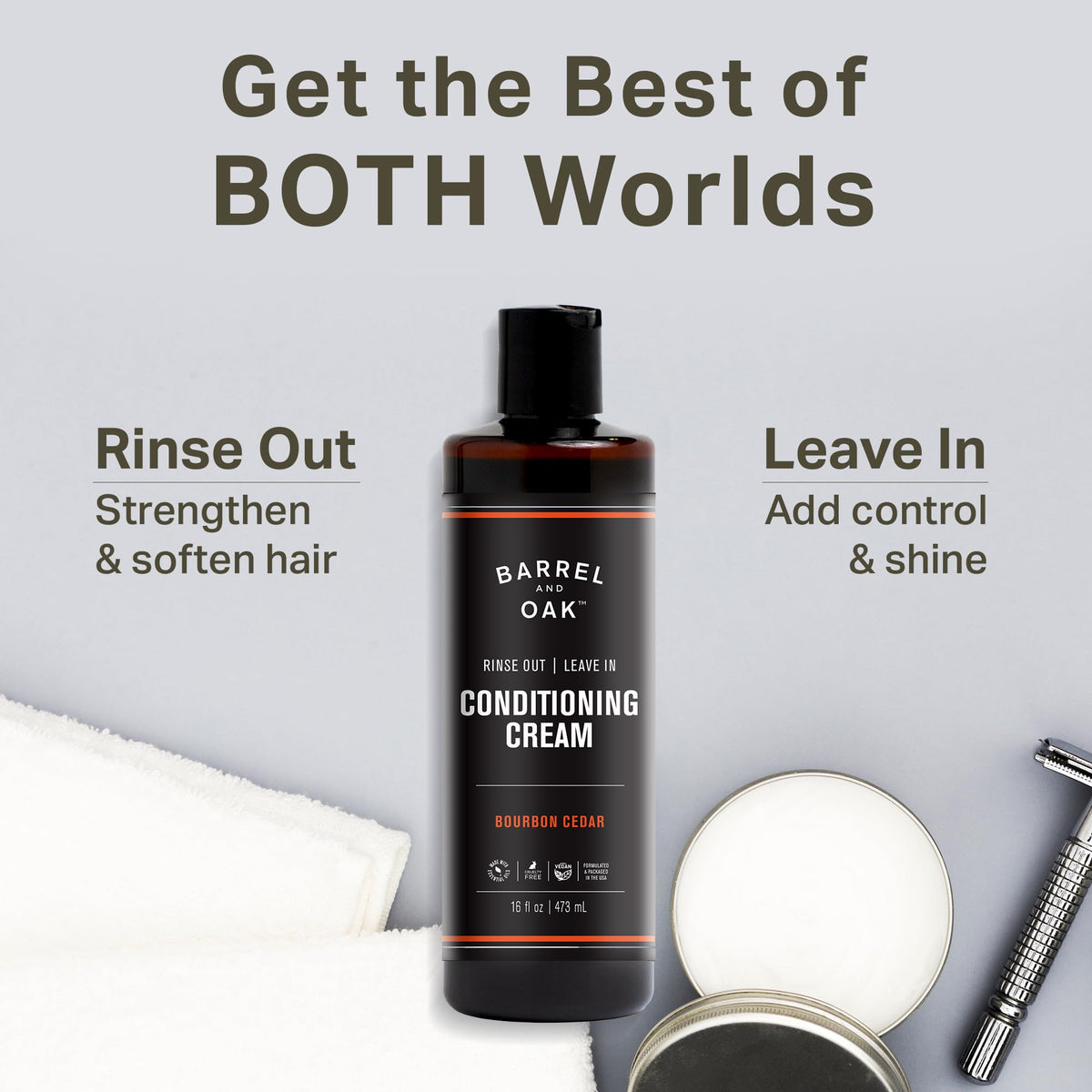 Barrel & Oak Leave In Conditioner Cream bottle back highlights vegan, clean formula for everyday grooming.