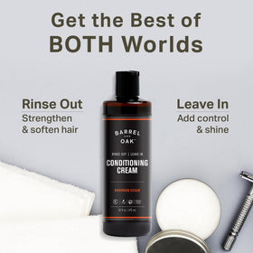 Barrel & Oak Leave In Conditioner Cream bottle back highlights vegan, clean formula for everyday grooming.
