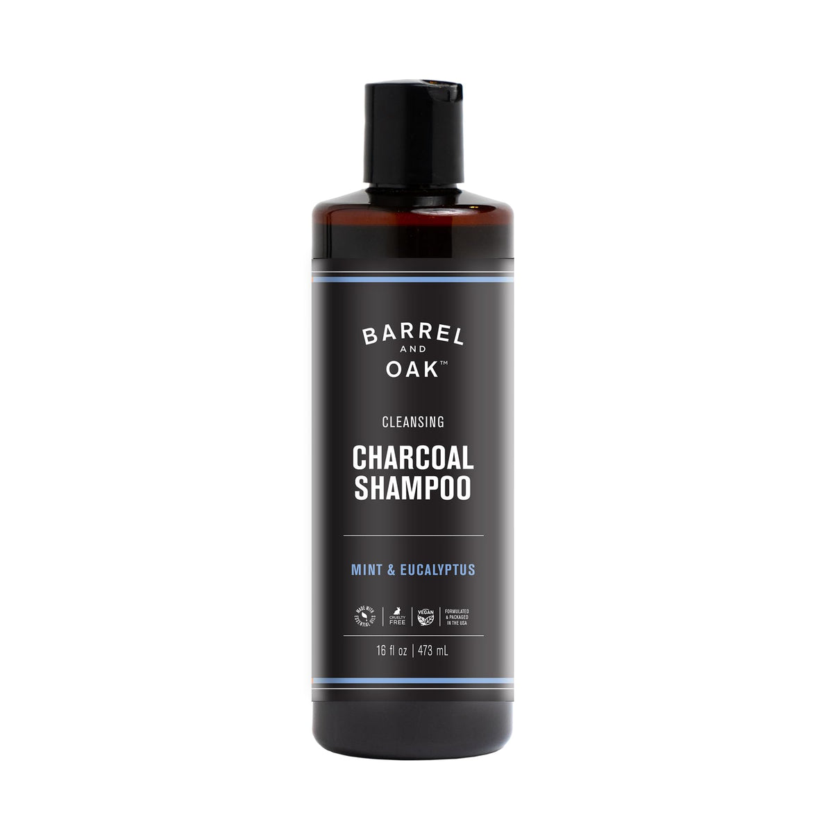 Barrel and Oak mint eucalyptus charcoal shampoo bottle delivers a cooling cleanse.