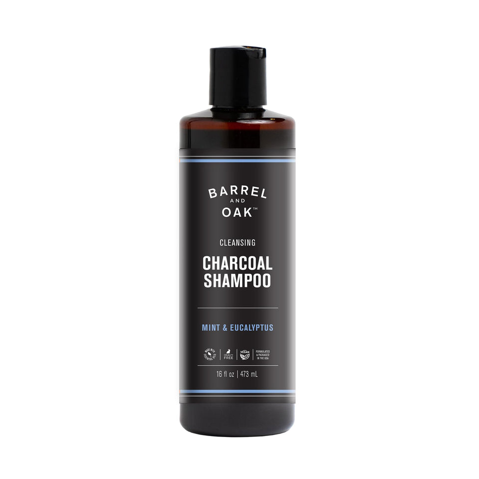 Barrel and Oak mint eucalyptus charcoal shampoo bottle delivers a cooling cleanse.