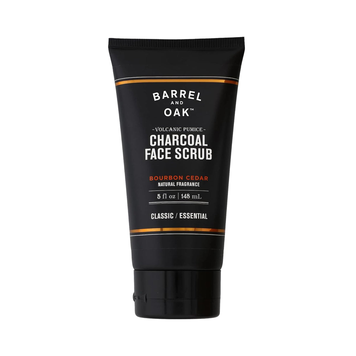 Barrel & Oak volcanic pumice and charcoal face scrub bottle highlights exfoliation power for smooth skin.