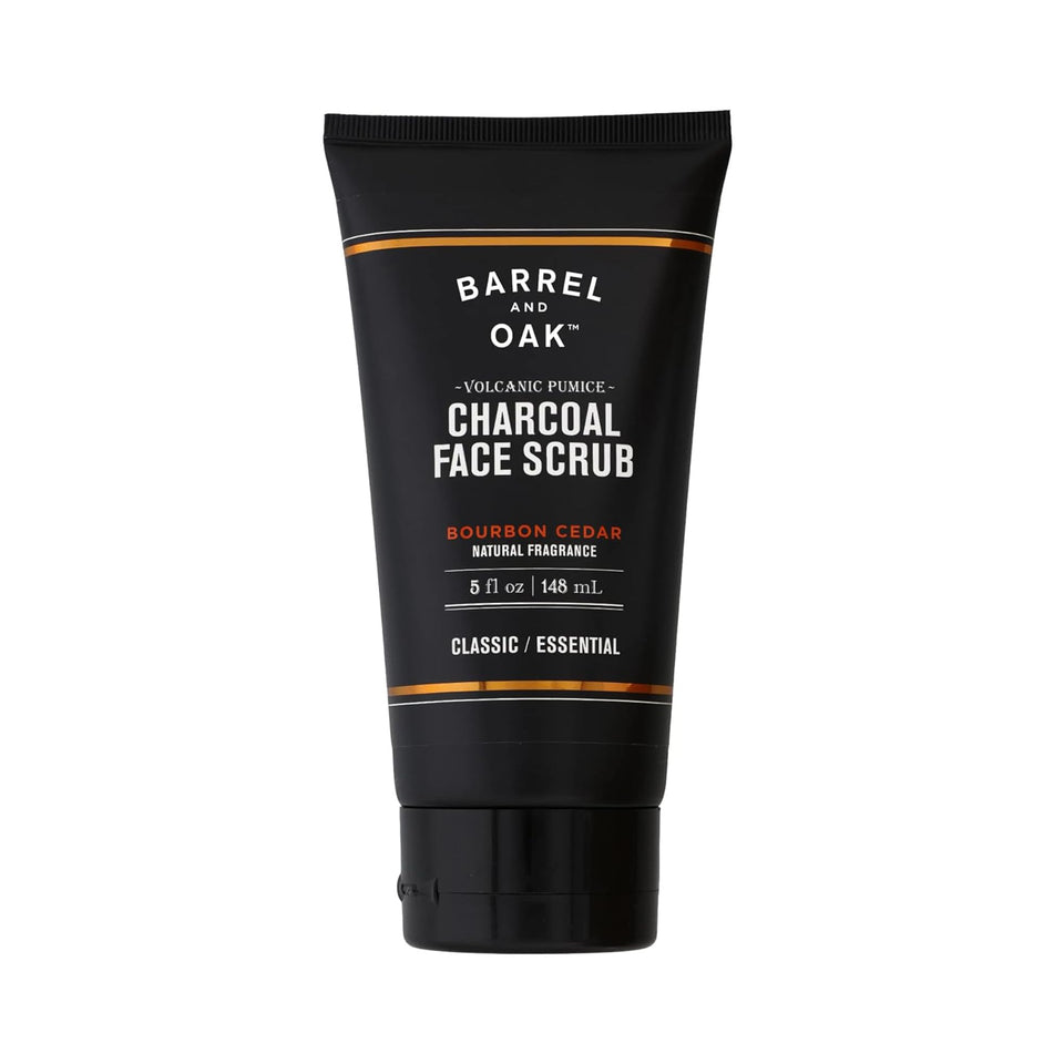 Barrel & Oak volcanic pumice and charcoal face scrub bottle highlights exfoliation power for smooth skin.