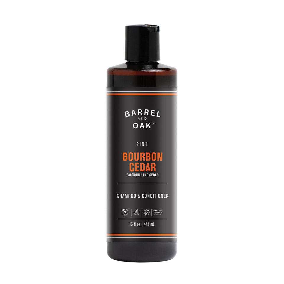 Barrel & Oak 2-in-1 bottle displaying easy daily hair care for men