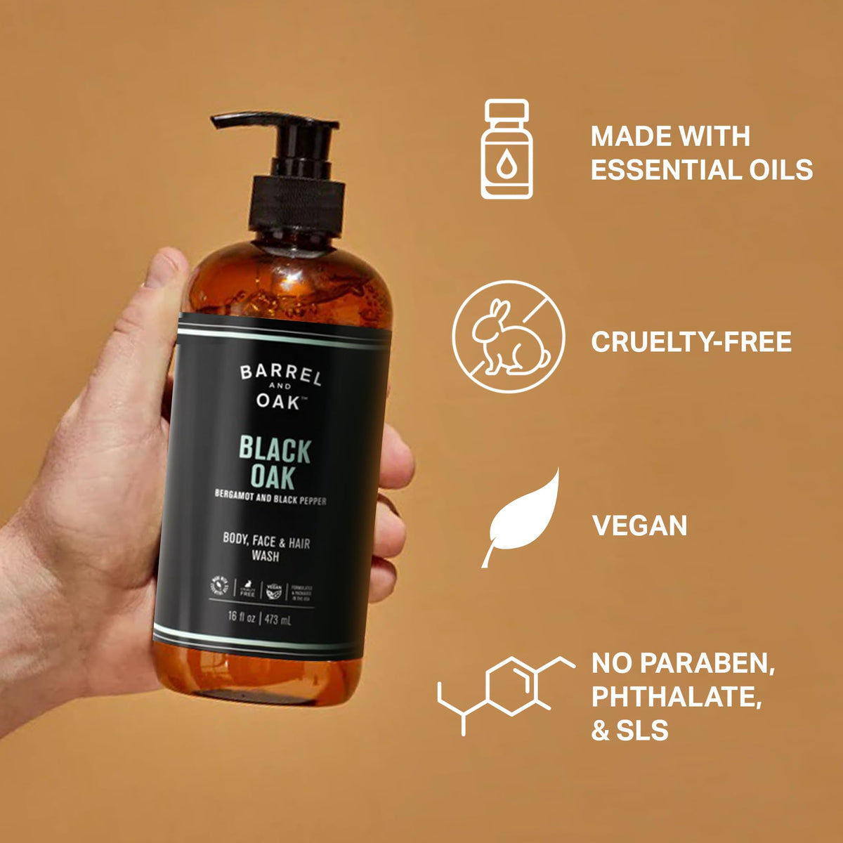 Barrel & Oak wash in shower demonstrates refreshing body cleanse with plant-based formula.