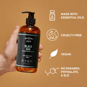 Barrel & Oak wash in shower demonstrates refreshing body cleanse with plant-based formula.