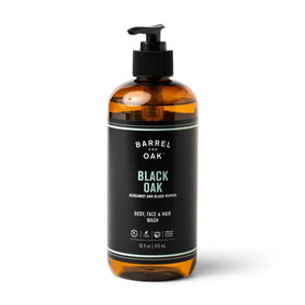 Barrel & Oak all-in-one wash bottle on shelf for daily cleansing.