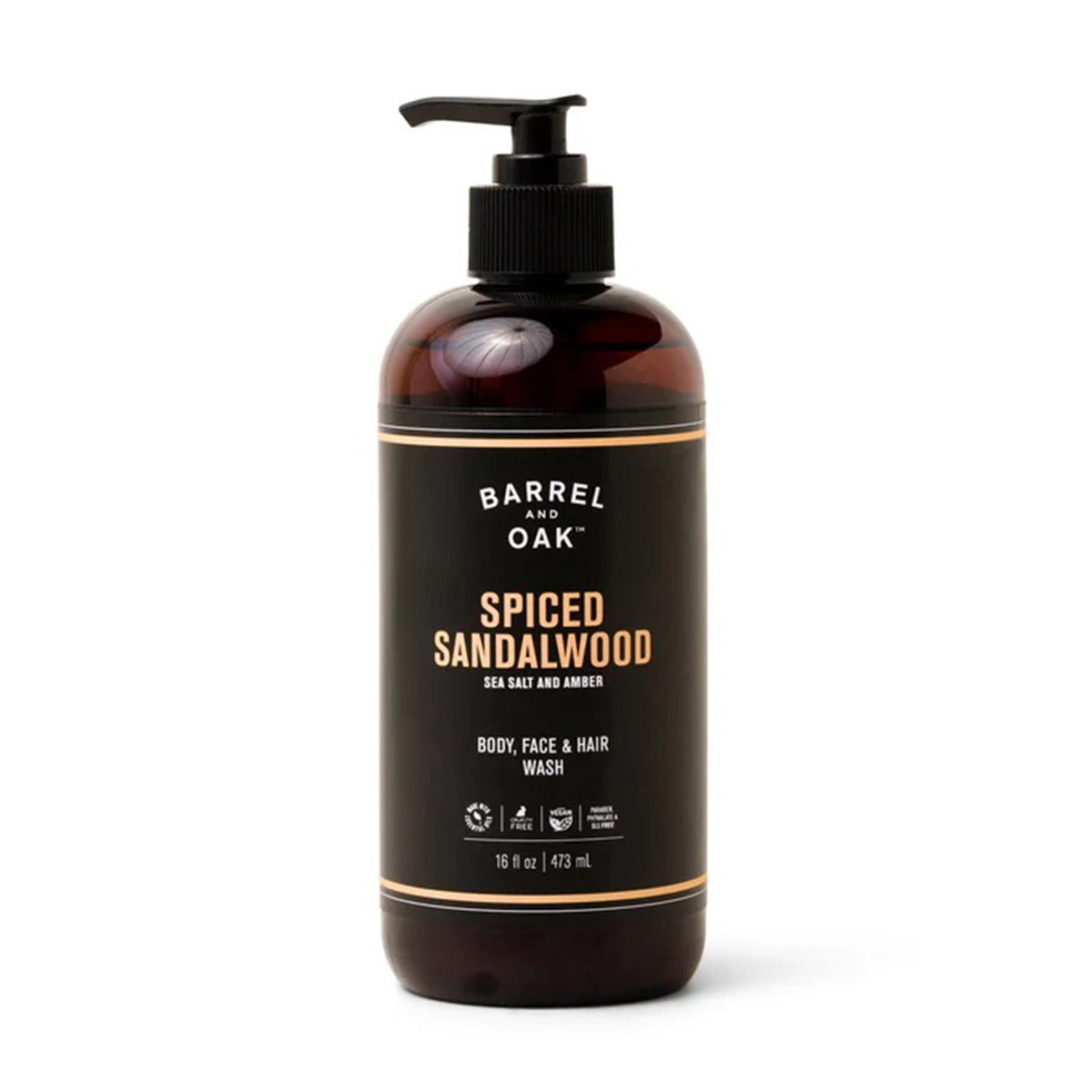 Barrel & Oak all-in-one wash bottle for daily cleanse of face, hair, and body.