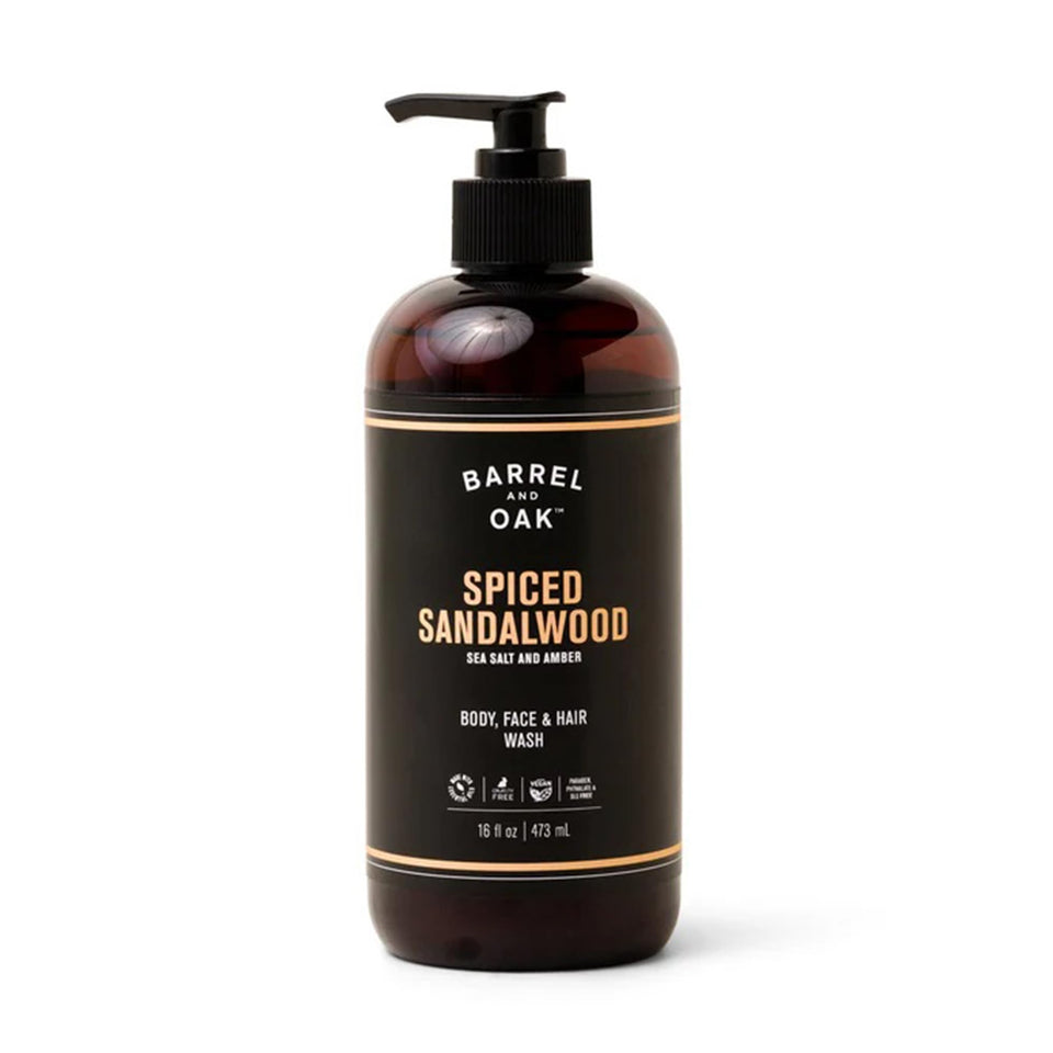 Barrel & Oak all-in-one wash bottle for daily cleanse of face, hair, and body.