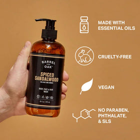 Vitamin B5 in Barrel & Oak wash provides hydration for skin and hair.