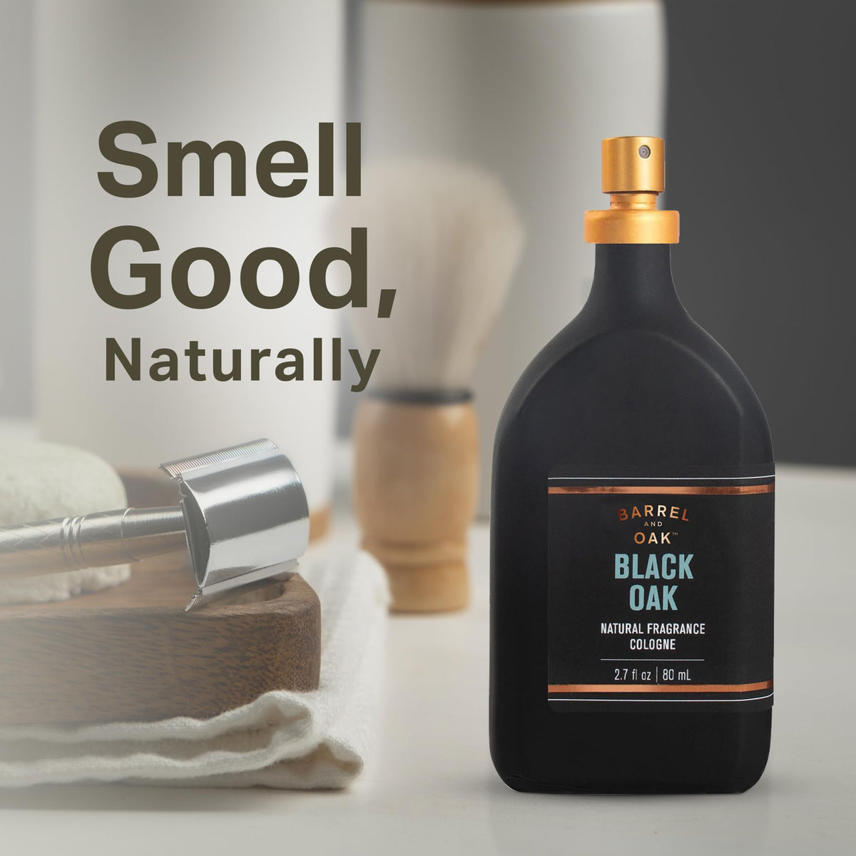 Barrel and Oak Black Oak spray-dispense highlights lasting fragrance.